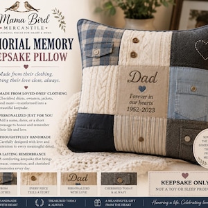 May include: A square patchwork memory pillow constructed from various fabrics including blue plaid, denim, and cream cable knit. The center panel features embroidered text reading Dad, Forever in our hearts, 1952-2023, with a small blue heart icon.