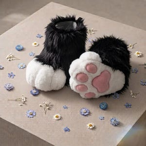 Può includere: Un paio di pantofole in peluche a forma di zampe di animale, con pelliccia sintetica nera lunga sulla parte superiore e pelliccia sintetica bianca sulle dita. Le suole sono bianche con cuscinetti rosa. Piccoli fiori secchi blu e bianchi le circondano.