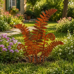 May include: A rust-coloured metal garden stake shaped like a fern plant with detailed fronds and curled fiddleheads. The decorative piece features a textured, weathered finish and is designed to be inserted directly into the soil of a garden bed.