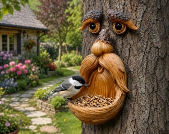 木の顔の鳥の餌箱、暗闇で光る目を持つ老人の木を抱きしめる人、屋外の庭の装飾、面白い芝生の飾り