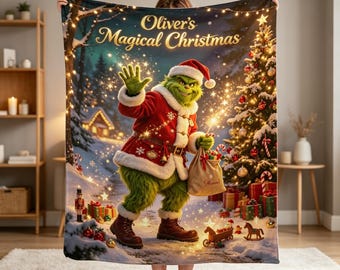 Custom Name Christmas Monster Blanket, Magical Holiday Character Throw Blanket, Personalized Kids Christmas Gift, Winter Cozy Blanket