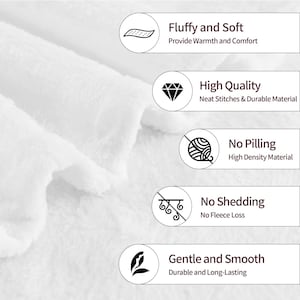 May include: A white, textured fabric blanket with five circular icons and text labels: Fluffy and Soft, High Quality, No Pilling, No Shedding, and Gentle and Smooth. The text highlights features like neat stitches, durable material, and high density.