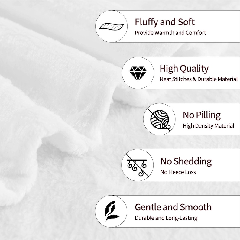May include: A white, textured fabric blanket with five circular icons and text labels: Fluffy and Soft, High Quality, No Pilling, No Shedding, and Gentle and Smooth. The text highlights features like neat stitches, durable material, and high density.