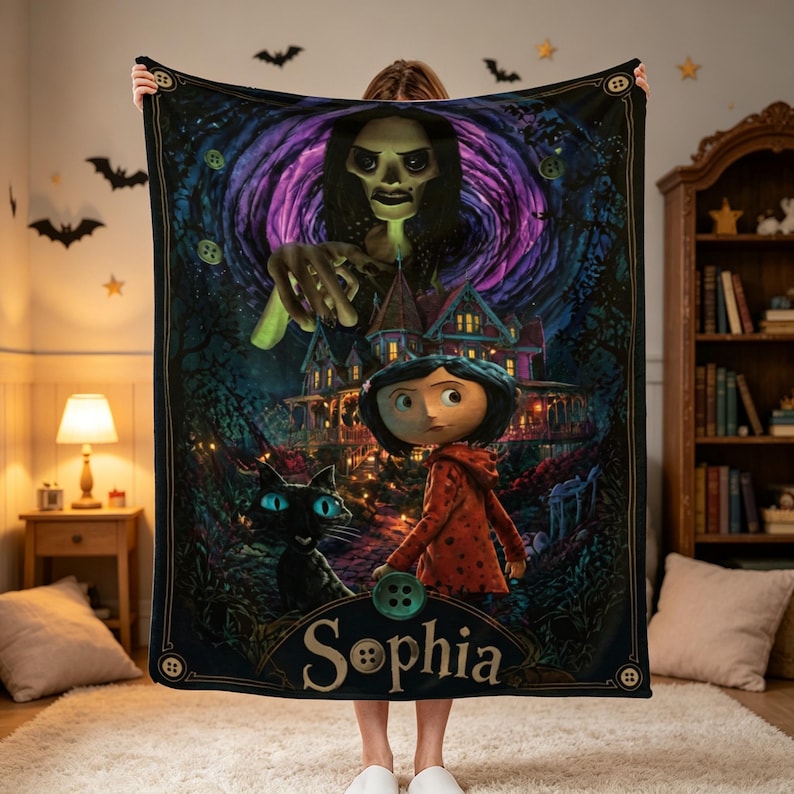 May include: A rectangular fleece blanket featuring a Coraline-themed graphic with a large, pale character reaching down from a purple swirling vortex above a house, a young character in a red coat, a black cat, and the name Sophia written in gold.