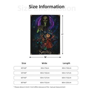 May include: A rectangular wall tapestry featuring a dark, animated-style scene with a young character in a red coat, a black cat, and a skeletal figure looming above. The name Sophia is printed at the bottom. Available in sizes 40x30 to 80x60 inches.