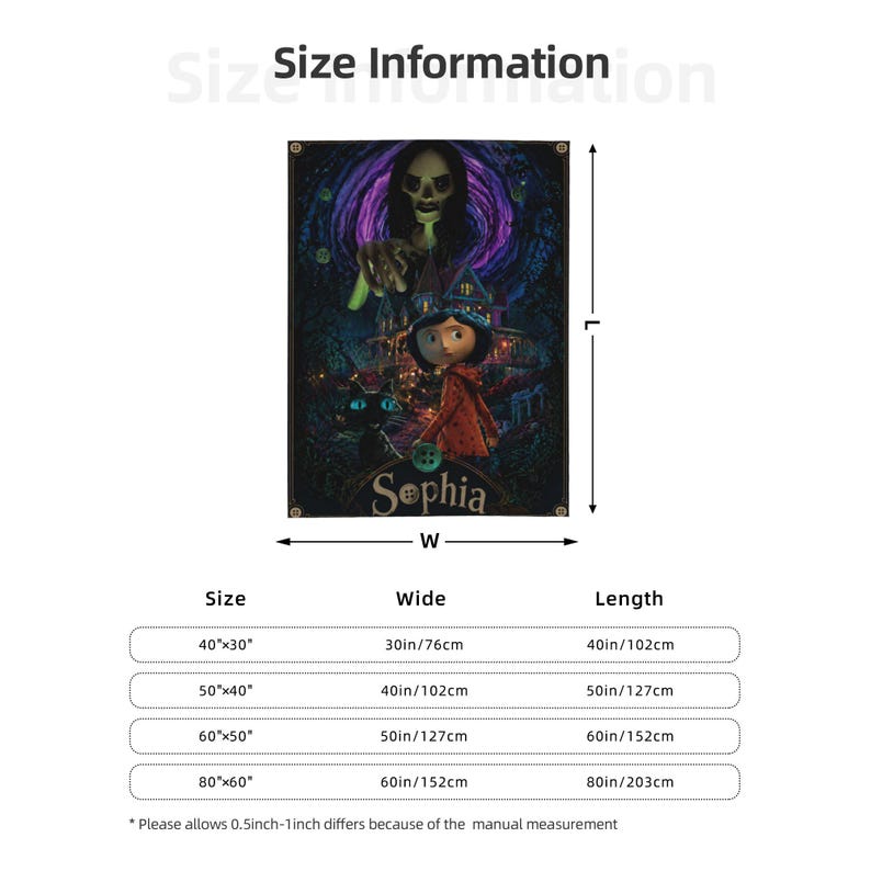 May include: A rectangular wall tapestry featuring a dark, animated-style scene with a young character in a red coat, a black cat, and a skeletal figure looming above. The name Sophia is printed at the bottom. Available in sizes 40x30 to 80x60 inches.