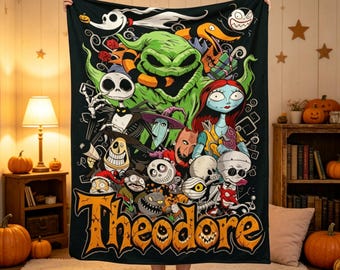The Nightmare Before Christmas Personalized Spooky Gothic Throw Blanket, Custom Name Halloween Blanket, Halloween Town Bedroom Gift