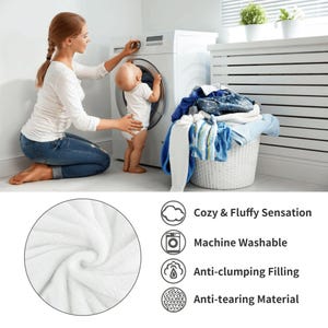 May include: A white plush fabric with a soft texture shown in a circular inset. Text features include Cozy & Fluffy Sensation, Machine Washable, Anti-clumping Filling, and Anti-tearing Material. The image also shows a person and a baby by a washer.