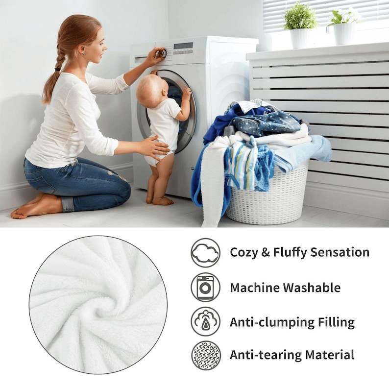 May include: A white plush fabric with a soft texture shown in a circular inset. Text features include Cozy & Fluffy Sensation, Machine Washable, Anti-clumping Filling, and Anti-tearing Material. The image also shows a person and a baby by a washer.