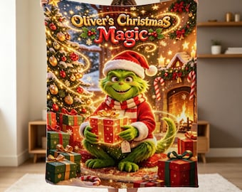 Personalized Green Christmas Monster Blanket, Custom Name Holiday Throw Blanket, Cute Christmas Gift, Kids Winter Decor