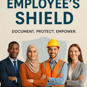 Könnte beinhalten: Ein Plakat mit dem Titel THE EMPLOYEE'S SHIELD und dem Untertitel DOCUMENT. PROTECT. EMPOWER. mit einem hellgrauen Schildsymbol hinter vier verschiedenen Fachleuten mit verschränkten Armen, darunter eine Person im Anzug, eine Person im Hijab, eine Person mit gelbem Schutzhelm und orangefarbener Warnweste sowie eine Person im grauen Blazer.