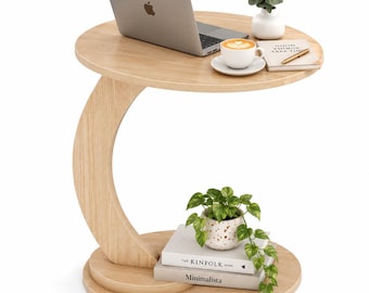 Walnut C Shape Side Table, Solid Wood End Table, Sofa Side Table, Coffee Table Tray, Laptop Desk for Living Room