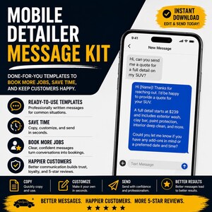 以下が含まれることがあります： モバイルディテーラー向けのメッセージキット。Mobile Detailer Message Kitというテキスト、予約を増やし時間を節約し顧客を満足させるためのテンプレート、およびサンプルテキストメッセージを表示するスマートフォンの画面が含まれています。