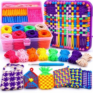May include: A craft kit featuring a purple plastic weaving loom, a clear storage box filled with colorful fabric yarn rolls, small plastic connectors, and a blue 4.0mm crochet hook. Finished woven items include a small bag, coasters, and shapes.