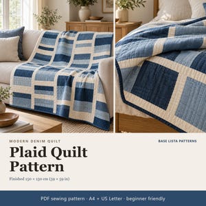 Plaid Quilt Pattern PDF, Modern Denim Quilt Sewing Pattern, Easy Beginner Throw Quilt, Strip Quilt, A4 + US Letter Instant Download
