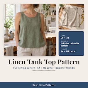 Linen Tank Top Pattern PDF, Womens Sleeveless Top Sewing Pattern, Sizes US 4-22, Easy Beginner Summer Top, A4 + US Letter