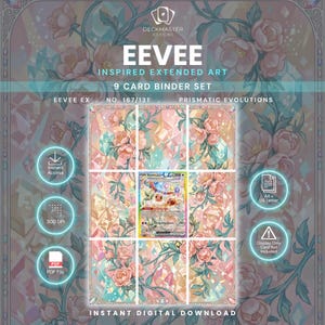 Może przedstawiać: Zestaw 9 kart do segregatora z grafiką inspirowaną Eevee. Projekt przedstawia różowe kwiaty i kryształy z tekstem EEVEE INSPIRED EXTENDED ART, 9 CARD BINDER SET, EEVEE EX, NO. 167/131, PRISMATIC EVOLUTIONS oraz INSTANT DIGITAL DOWNLOAD.