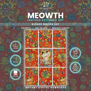 Może przedstawiać: Zestaw 9 kart z rozszerzoną grafiką inspirowaną Meowth. Wzór przedstawia powtarzający się motyw kolorowych okrągłych kształtów na czerwonym tle. Tekst zawiera MEOWTH INSPIRED EXTENDED ART, 9 CARD BINDER SET, MEOWTH, NO. 121/88, PERFECT ORDER, INSTANT ACCESS, 300 DPI, PDF FILE, A4 + US LETTER oraz DISPLAY ONLY CARD NOT INCLUDED.