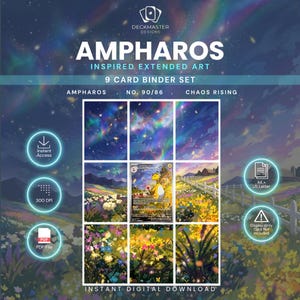 Ampharos 90/86 förlängd pärm med konst | Utskrivbar TCG-insats med 9 fickor | Pokémon-kortdisplay | Elektrisk alternativ konstsamlargåva