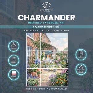 Puede incluir: Un set de 9 cartas para archivador con arte extendido inspirado en Charmander. La imagen muestra una casa de ladrillo con jardín, dividida en una cuadrícula. Texto: DECKMASTER DESIGNS, CHARMANDER INSPIRED EXTENDED ART, 9 CARD BINDER SET, CHARMANDER, NO. 44, PERFECT ORDER, INSTANT ACCESS, 300 DPI, PDF FILE, A4 + US LETTER, DISPLAY ONLY CARD NOT INCLUDED.