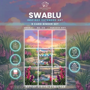 Op de afbeelding: Een 9-kaarten binder set met Swablu geïnspireerde uitgebreide kunst. De afbeelding toont een raster van negen panelen met een tuinscène met een stenen vijver, roze en paarse bloemen en een zonsonderganglucht. Tekst: DECKMASTER DESIGNS, SWABLU, NO. 213, PARADOX RIFT, INSTANT DIGITAL DOWNLOAD.
