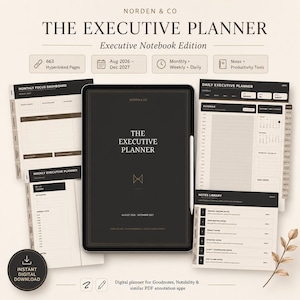 Könnte beinhalten: Ein digitaler Planer mit dem Titel The Executive Planner auf einem Tablet-Bildschirm, umgeben von verschiedenen Seitenlayouts wie einem monatlichen Fokus-Dashboard, einem Wochenplaner und einer Notizbibliothek in dunklem Design.