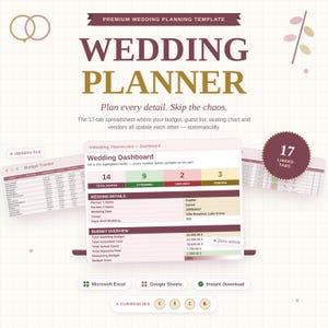 Op de afbeelding: Een digitaal spreadsheet-sjabloon voor huwelijksplanning met een dashboard voor budgetbeheer, gastenlijstbeheer en 17 gekoppelde tabbladen. De interface toont huwelijksdetails, financiële overzichten en ondersteunt Microsoft Excel en Google Sheets.