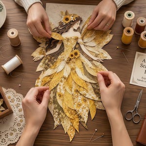 May include: A craft project featuring a fairy figure constructed from yellow and brown dried leaves, surrounded by wooden spools of thread, a box of loose leaves, a brown notebook labelled Creative Notes, and a card reading A Relaxing Screen-Free Project.