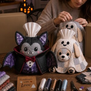 DIY 動物＆ホリデーパッチワークティッシュボックスキット、カメの不気味なキャラクターのテーブルトップデコレーション用布製ソーイングバンドル、ハロウィンDIY材料パック
