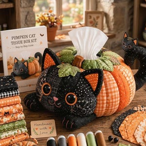 DIY Animal & Holiday Patchwork Tissue Box Kit, Fabric Sewing Bundle for Turtle Spooky Character Tabletop Decor, Halloween DIY Material Pack