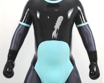 May include: A black latex short-sleeve bodysuit featuring a light blue panel on the front torso and light blue trim around the neckline and sleeve cuffs. The garment has a glossy finish and is paired with matching black latex gloves.