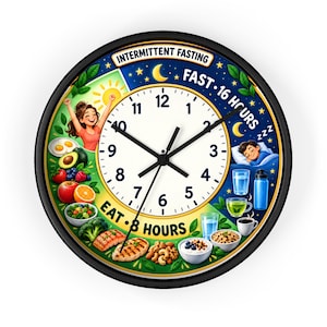 May include: A round wall clock with a black frame featuring an intermittent fasting graphic. The face shows a 16-hour fasting cycle with a sleeping person and a water bottle, and an 8-hour eating cycle with various healthy foods and a person.