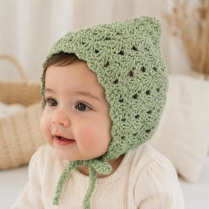 May include: A sage green crochet bonnet featuring a pointed top and an intricate star-like openwork pattern. The bonnet is secured under the chin with two matching crocheted ties, providing a snug fit around the head with a textured, yarn-based design.