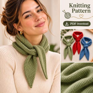 May include: A knitting pattern PDF download featuring a sage green knitted neckerchief worn around the neck. The image displays three neckerchiefs in sage green, red, and blue, alongside a close-up of the green knitted fabric texture.