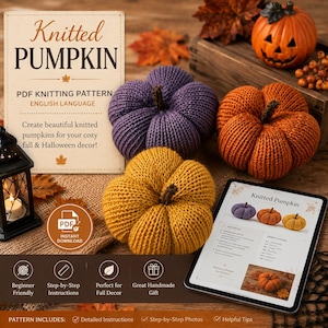 Puede incluir: Un patrón de tejido PDF para calabazas con el texto Knitted PUMPKIN, PDF KNITTING PATTERN, ENGLISH LANGUAGE. Tres calabazas tejidas en morado, naranja y amarillo junto a una tableta que muestra el patrón.