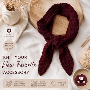 May include: A deep burgundy knitted headband with a tied knot detail. The image includes text that reads: INSTANT DOWNLOAD, BEGINNER FRIENDLY, KNIT YOUR New Favorite ACCESSORY, DETAILED STEP-BY-STEP INSTRUCTIONS, CLEAR PHOTOS & DIAGRAMS, MADE WITH LOVE, PDF PATTERN.