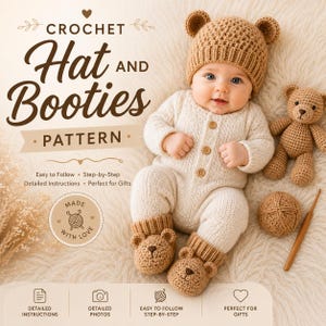 May include: A crochet hat and booties pattern featuring text that reads Crochet Hat and Booties Pattern. The image shows a baby wearing a tan bear-ear hat and matching bear-faced booties with a cream-colored onesie, a small crochet bear, and a hook.