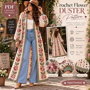 Könnte beinhalten: Eine digitale PDF-Häkelanleitung für einen langen Duster-Cardigan mit Blumenmuster, langen Ärmeln mit gerippten Bündchen und einem gewellten Saum. Das Design enthält detaillierte Anleitungen für die Größen XS bis 3XL mit Abbildungen.