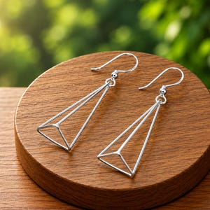 Handmade Geometric Silver Drop Earrings, Triangle Wire Dangle Earrings, Unique Gift for Women