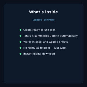 May include: A dark blue digital information card titled What's inside, featuring a Logbook and Summary. The list includes: Clean, ready-to-use tabs; Totals & summaries update automatically; Works in Excel and Google Sheets; No formulas to build — just type; Instant digital download.
