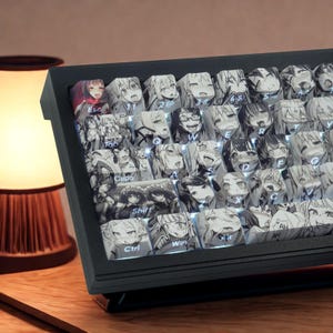 May include: A black mechanical keyboard featuring custom keycaps printed with black and white anime-style character illustrations. Each key displays a unique facial expression, with standard white lettering for keys like Esc, Tab, Caps, Shift, Ctrl, and Win.