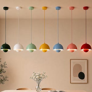 Luminária pendente colorida, luminária de teto moderna em formato de cúpula, iluminação retrô para cozinha, decoração de meados do século para sala de jantar e quarto.