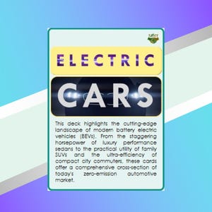 May include: A rectangular informational card titled ELECTRIC CARS in bold text. The design features a dark car silhouette with glowing headlights. The text describes a deck highlighting modern battery electric vehicles, including luxury saloons, family SUVs, and compact city commuters.
