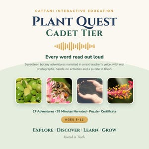 Może przedstawiać: Produkt edukacyjny zatytułowany Cattani Interactive Education Plant Quest Cadet Tier. Zawiera siedemnaście przygód botanicznych, trzydzieści pięć minut narracji, układankę i certyfikat dla dzieci w wieku 5-12 lat. Zawiera cztery zdjęcia nasion, pszczoły, ziemi i kwiatu.
