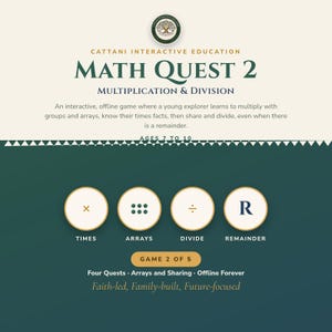 May include: Math Quest 2 Multiplication & Division educational game by Cattani Interactive Education. The game features four circular icons representing times, arrays, divide, and remainder. Text includes Ages 7 to 10, Game 2 of 5, and Faith-led, Family-built, Future-focused.