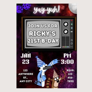May include: A digital birthday invitation featuring a retro television set displaying the text JOIN US FOR RICKY'S 21ST B-DAY. Below, a blue bird and a brown raccoon character wear party hats against a dark purple space background with dice and a disco ball.