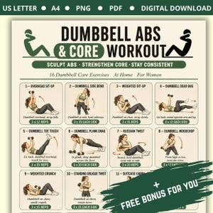 Op de afbeelding: Een digitale trainingskaart getiteld DUMBBELL ABS & CORE WORKOUT met zestien geïllustreerde oefeningen voor thuisgebruik. De poster bevat stapsgewijze instructies, het aantal herhalingen en diagrammen van diverse fysieke oefeningen.