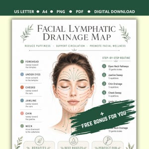 Facial Lymphatic Drainage Map | Face Massage Gua Sha Guide | Depuffing Routine Chart | Skincare Art | Self-Care Ritual | Digital Download