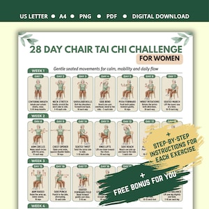 28 Day Chair Tai Chi Challenge for Women | 4 Week Balance Program | Gentle Senior Exercise Chart | Fitness Printable | Digital Download