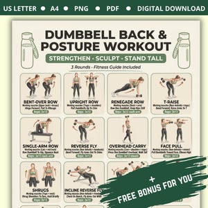 Op de afbeelding: Een digitale trainingsgids getiteld DUMBBELL BACK & POSTURE WORKOUT met illustraties van twaalf oefeningen, waaronder bent-over rows, upright rows, renegade rows, t-raises, single-arm rows, reverse flys, overhead carries, face pulls en shrugs.